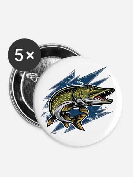 Hecht Esox Lucius Angeln - Buttons groß 56 mm (5er Pack) - Weiß