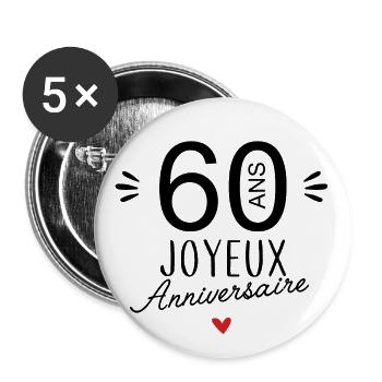 Joyeux anniv 60 ans - Lot de 5 grands badges (56 mm) - blanc - Devant