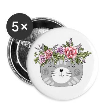 Flower Crown Cat Design - Cat with flower wreath - Buttons large 2.2''/56 mm (5-pack) - white - Front