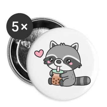 Cute Raccoon Loves Boba Tea - Buttons large 2.2''/56 mm (5-pack) - white - Front