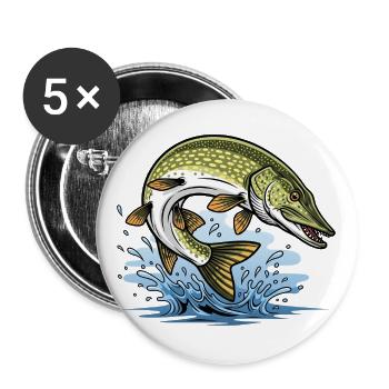 Hecht Esox Lucius Angeln - Buttons groß 56 mm (5er Pack) - Weiß - Vorne