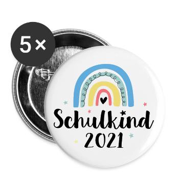Schulkind 2021 / 1. Schultag - Buttons groß 56 mm (5er Pack) - Weiß - Vorne