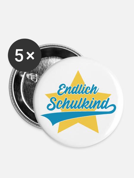 EINSCHULUNG SCHULE ENDLICH SCHULKIND - Buttons groß 56 mm (5er Pack) - Weiß
