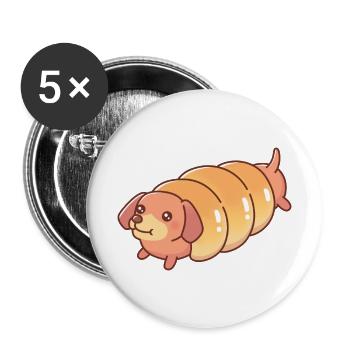 Niedliches Dackelwurst Hundebrötchen lustig - Buttons groß 56 mm (5er Pack) - Weiß - Vorne