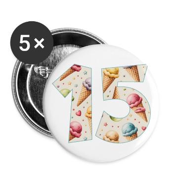 CRÈME GLACÉE NUMÉRO 15 ANS CRÈME GLACÉE 15E ANNIVERSAIRE - Lot de 5 grands badges (56 mm) - blanc - Devant