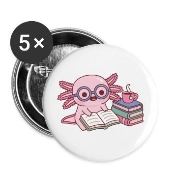 Niedlicher Axolotl mit Brille liest ein Buch - Buttons groß 56 mm (5er Pack) - Weiß - Vorne