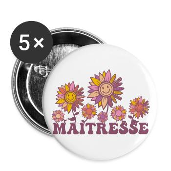 Maitresse motif floral marguerite pour maîtresse - Lot de 5 grands badges (56 mm) - blanc - Devant