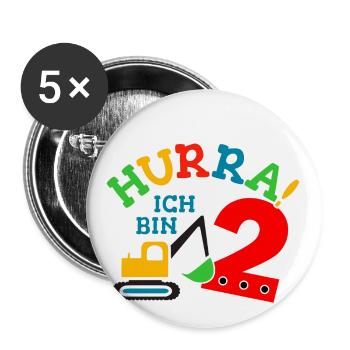 2. Geburstag Bagger - Buttons groß 56 mm (5er Pack) - Weiß - Vorne