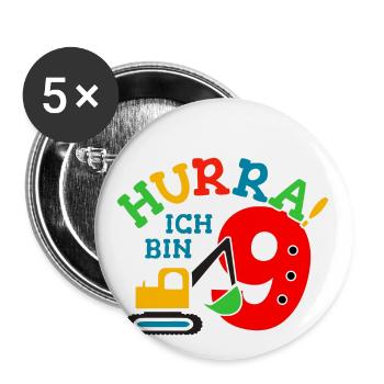 9. Geburstag Bagger - Buttons groß 56 mm (5er Pack) - Weiß - Vorne