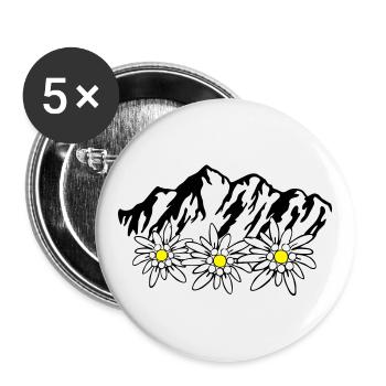 Berge und Edelweiss - Buttons groß 56 mm (5er Pack) - Weiß - Vorne
