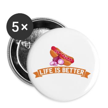 Leben ist besser mit Zwiebeln Hot Dog Hotdog - Buttons groß 56 mm (5er Pack) - Weiß - Vorne