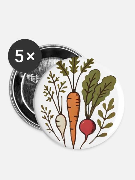 Vegane Wurzeln Karotten-Radieschen-Design - Buttons groß 56 mm (5er Pack) - Weiß
