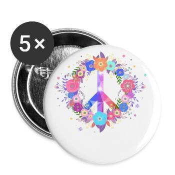 Signe de paix amour fleurs - Lot de 5 grands badges (56 mm) - blanc - Devant