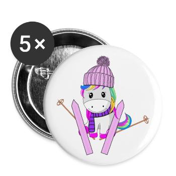Einhorn Regenbogen Glitzer Ski Schnee Winter - Buttons groß 56 mm (5er Pack) - Weiß - Vorne