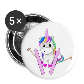 Einhorn Regenbogen Glitzer Ski Schnee Winter - Buttons groß 56 mm (5er Pack) - Weiß - Vorne