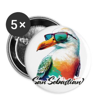 San Sebastian Urlaub bunte Möwe mit Sonnenbrille - Buttons groß 56 mm (5er Pack) - Weiß - Vorne
