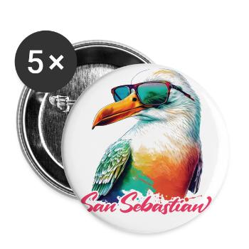 San Sebastian Urlaub bunte Möwe mit Sonnenbrille - Buttons groß 56 mm (5er Pack) - Weiß - Vorne
