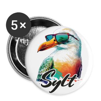 Sylt Urlaub coole bunte Möwe mit Sonnenbrille - Buttons groß 56 mm (5er Pack) - Weiß - Vorne