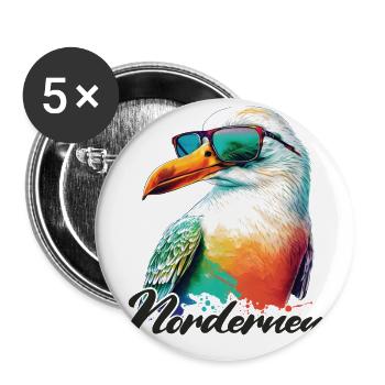 Norderney Urlaub coole bunte Möwe mit Sonnenbrille - Buttons groß 56 mm (5er Pack) - Weiß - Vorne