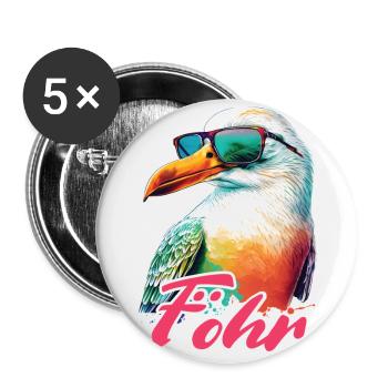 Föhr Urlaub coole bunte Möwe mit Sonnenbrille - Buttons groß 56 mm (5er Pack) - Weiß - Vorne