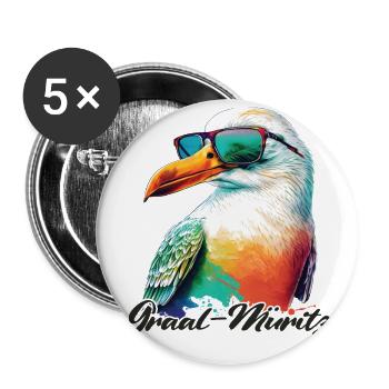 Graal Müritz Urlaub coole Möwe mit Sonnenbrille - Buttons groß 56 mm (5er Pack) - Weiß - Vorne