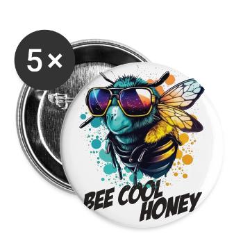 Graffiti Hummel mit Sonnenbrille Bee Cool Honey - Buttons groß 56 mm (5er Pack) - Weiß - Vorne