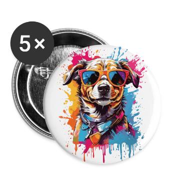 Cooler Hund mit Sonnenbrille Graffiti Look bunt - Buttons groß 56 mm (5er Pack) - Weiß - Vorne