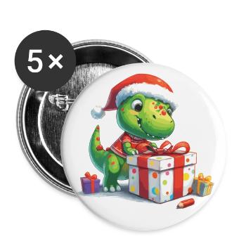 Kleiner T-Rex Dino packt Geschenke aus - Buttons groß 56 mm (5er Pack) - Weiß - Vorne