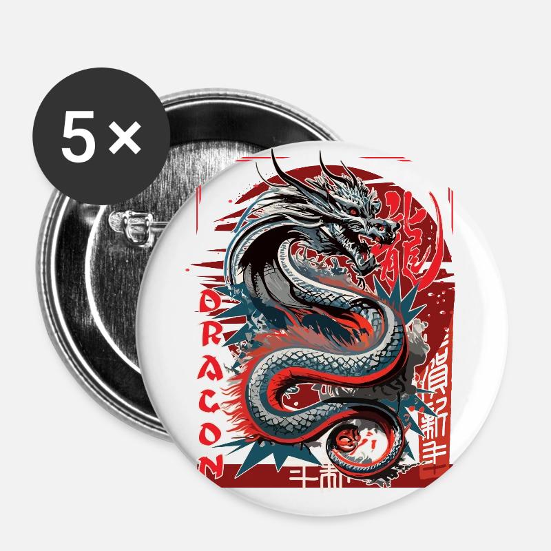 Chinese dragon with asian characters - Buttons large 2.2''/56 mm (5-pack) - white