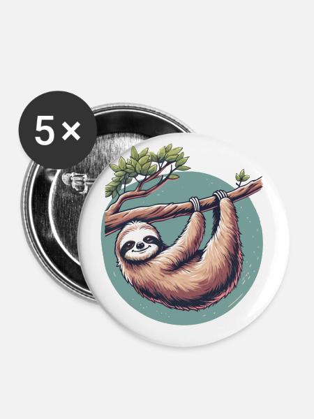 Entspanntes Faultier Gelassenheit am Baum - Buttons groß 56 mm (5er Pack) - Weiß