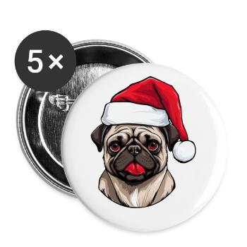 Pug Hund Mops Weihnachten Porträt Xmas - Buttons groß 56 mm (5er Pack) - Weiß - Vorne