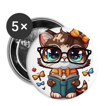 The Bookworm Cat - Buttons large 2.2''/56 mm (5-pack) - white - Front