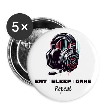 Eat Sleep Game Repeat Gamer Sprüche Shirt - Buttons groß 56 mm (5er Pack) - Weiß - Vorne