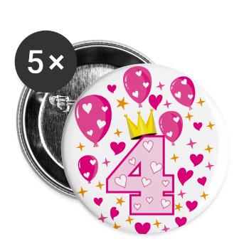 04 4 Geburtstag Mädchen Luftballons Krone Sterne - Buttons groß 56 mm (5er Pack) - Weiß - Vorne