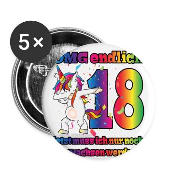 OMG endlich 18! Dabbing Einhorn 18. Geburtstag - Buttons groß 56 mm (5er Pack) - Weiß - Vorne