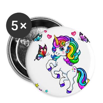 Licorne avec papillon - Lot de 5 grands badges (56 mm) - blanc - Devant