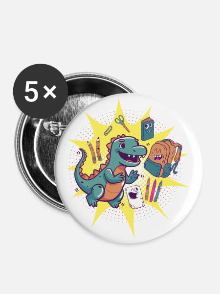 Dino Einschulung Schulkind - Buttons groß 56 mm (5er Pack) - Weiß