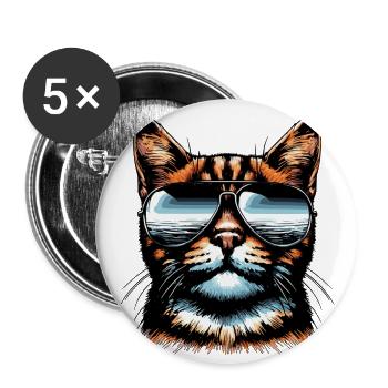 Chat cool avec lunettes de soleil et bandana - Lot de 5 grands badges (56 mm) - blanc - Devant
