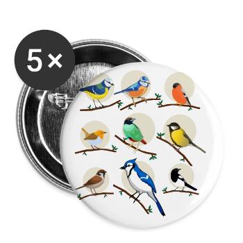 Gartenvögel, Vögel, Meisen, - Buttons groß 56 mm (5er Pack) - Weiß - Vorne