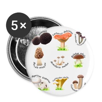Verschiedene essbare Pilze mit lateinischen Namen - Buttons groß 56 mm (5er Pack) - Weiß - Vorne
