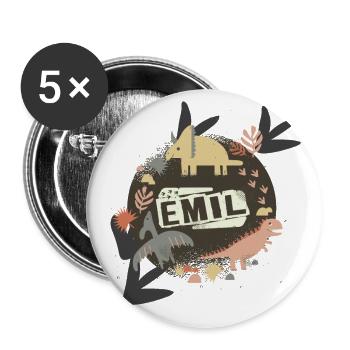 Emil - Beau nom de garçon avec de mignons dinosaures - Lot de 5 grands badges (56 mm) - blanc - Devant