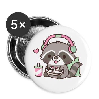 Niedlicher Gamer-Waschbär liebt es, Videospiele zu spielen - Buttons groß 56 mm (5er Pack) - Weiß - Vorne