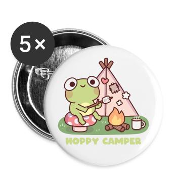 Niedlicher Frosch am Lagerfeuer Hoppy Camper Wortspiel - Buttons groß 56 mm (5er Pack) - Weiß - Vorne