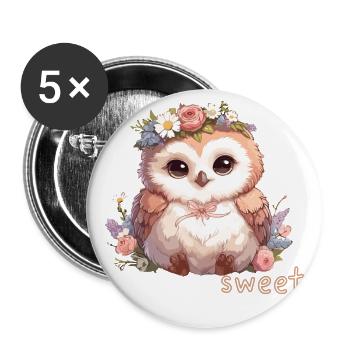 Hibou mignon avec des fleurs - Lot de 5 grands badges (56 mm) - blanc - Devant