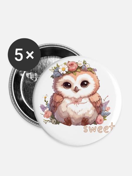 Süße Eule mit Blumen - Buttons groß 56 mm (5er Pack) - Weiß