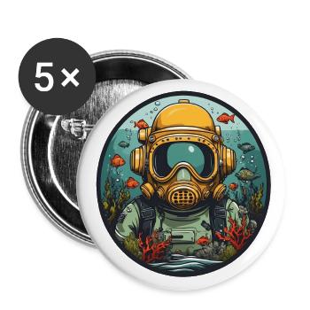 Taucherhelm mit Fischen auf dem Meeresgrund - Buttons groß 56 mm (5er Pack) - Weiß - Vorne