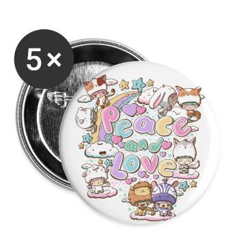 Peace and love preditors and prey in kawaii style - Buttons large 2.2''/56 mm (5-pack) - white - Front