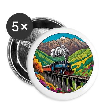 Train de chemin de fer nostalgique coloré avec locomotive à vapeur - Lot de 5 grands badges (56 mm) - blanc - Devant