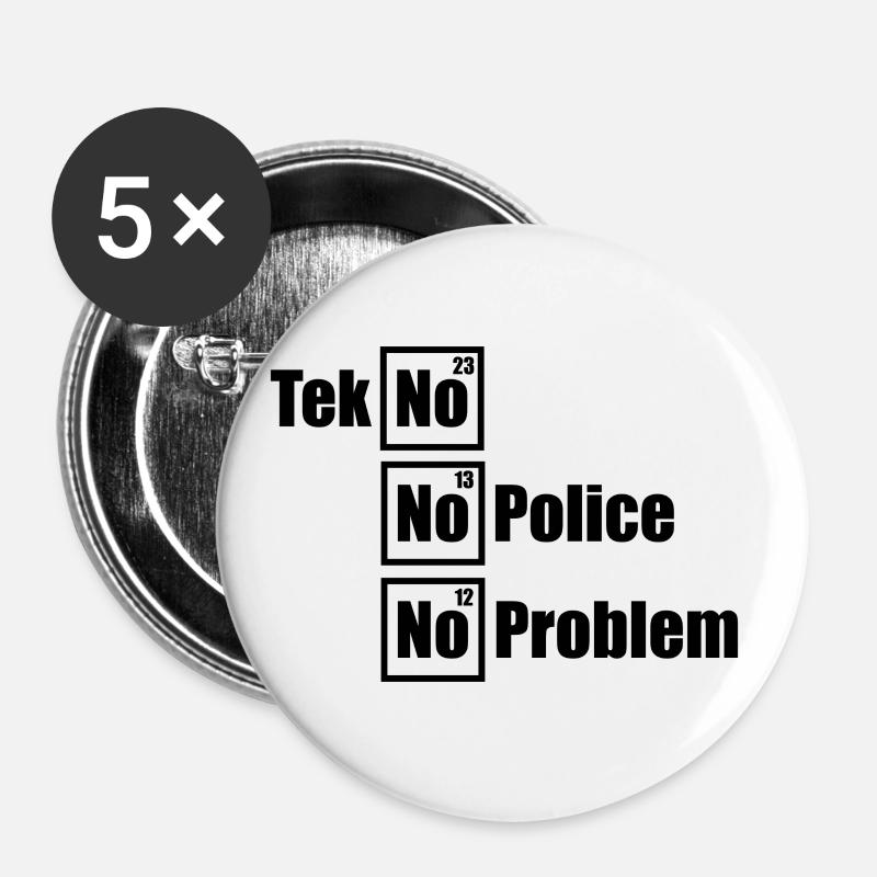 Tekno Techno No Police No Problem Raving - Buttons groß 56 mm (5er Pack) - Weiß