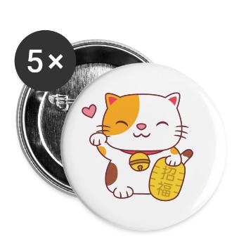 Japanische Viel Glück Charme Maneki Neko Katze - Buttons groß 56 mm (5er Pack) - Weiß - Vorne